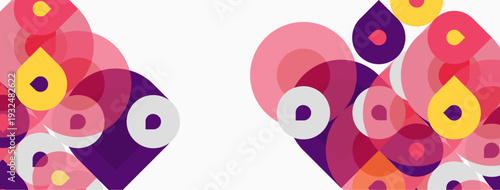 Abstract design features overlapping circles, vibrant colors. Pink, purple, orange hues create playful composition. Modern, geometric aesthetic.