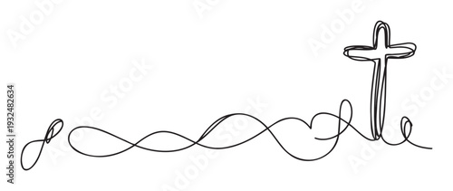 Elegant continuous stroke drawing connecting symbols of spirituality, unending love, and divine faith, suitable for modern religious themes and inspirational projects.