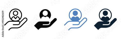 Customer care icon set in multiple styles illustrating user support, client retention, personalized service concept, hand with avatar symbol, rotating arrow,