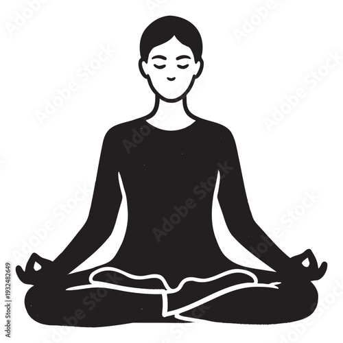 Stylized black and white drawing of a person in a tranquil meditation pose, perfect for use in wellness content, yoga studio promotions, or mindfulness educational materials