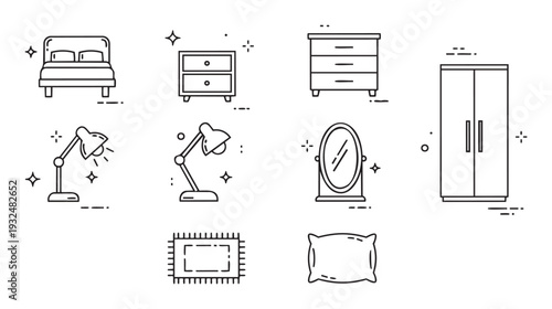 Set of essential bedroom furniture and home decor line icons for modern domestic interior design applications and lifestyle concepts