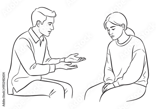 Man offering support and guidance to a sad woman during a conversation, suitable for mental health awareness campaigns, relationship advice content, and counseling service promotions
