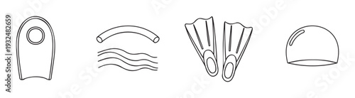A set of essential swimming and water sports equipment line icons featuring a kickboard, snorkel with waves, swim fins, and a swim cap, ideal for illustrating aquatic activities and pool
