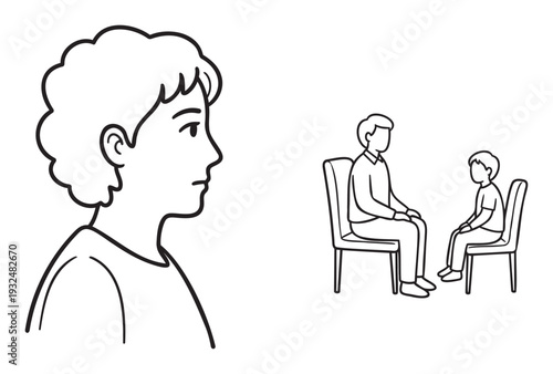 Profile view of a woman contemplating, juxtaposed with an adult and child engaged in a focused conversation, suitable for illustrating mental health, therapy, or communication concepts.