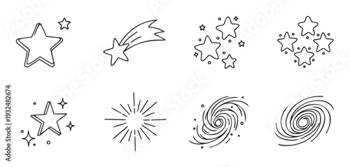 A versatile collection of outline cosmic star icons with celestial elements and swirl shapes, suitable for creating captivating universe illustrations, educational infographics, or