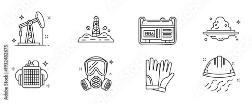 Collection of essential line icons representing industrial energy production, worker safety equipment, and natural resource extraction for various business presentations or educational