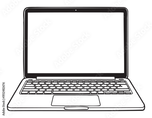 Modern open laptop computer outline graphic ready for technology presentations, business communication, or educational content requiring a simple device representation.