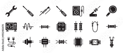 Comprehensive collection of electronics tools and components icons, essential for electrical engineering, repair, and DIY projects, perfect for technology blogs, maintenance service