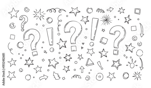 Hand drawn outline question marks and exclamation marks with various doodle shapes creating a playful dynamic composition for banners presentations or curious thinking concepts.