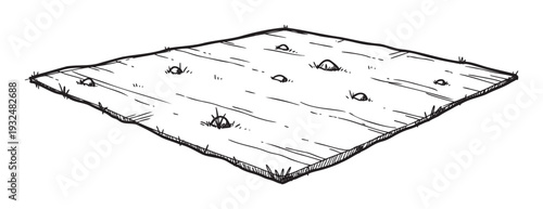 Rustic hand drawn sketch of an empty ground plot ready for planting crops, useful for agricultural content, gardening guides, and farm planning materials.