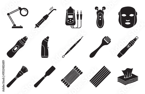 Comprehensive collection of essential skincare tools and cosmetic devices for facial treatments and beauty routines, perfect for spa catalogs, salon advertising, and wellness blogs.