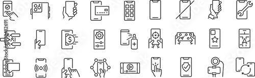 Set of outline icons related to smartphone, phone. Linear icon collection. Editable stroke. Vector
