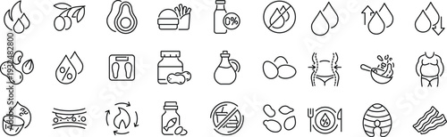 Set of outline icons related to fats. Linear icon collection. Editable stroke. Vector