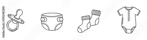 Essential baby items including a pacifier, diaper, socks, and a onesie, perfect for depicting newborn care themes, childhood concepts, and infancy designs for maternity and childcare.