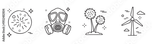 Illustrative black line icons representing environmental concerns like air pollution, natural allergens, and clean energy solutions, ideal for ecology presentations and public health