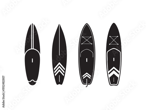 Surfboard and paddle board icons set with various stripe patterns and fin designs in black