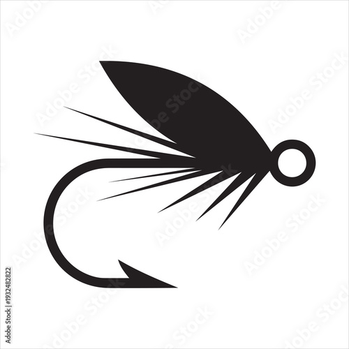 Fishing hook with feather icon. Graphic fly fishing icon or logo