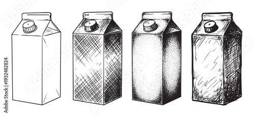A collection of handdrawn milk cartons and beverage boxes showcasing different shading techniques, suitable for food packaging concepts and drink related graphic resources.