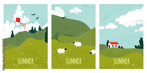 Rolling green grass hills, spring meadow under blue sky, fluffy white clouds, cartoon vector illustration. Pastel crayon countryside cards set, scenery with red kite, flying birds, house and sheep