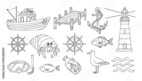 A versatile set of outlined nautical and marine objects including fishing boats, lighthouses, anchors, ship wheels, crabs, fish, and diving equipment useful for coloring and educational