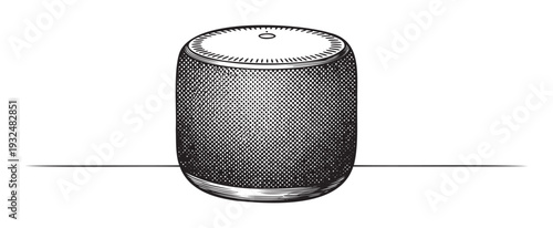 Vintage engraving style illustration of a smart speaker or voice assistant device, perfect for technology publications, communication concepts, and modern home electronics advertisements.