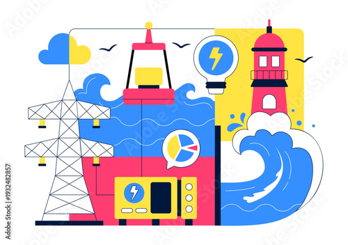 Renewable Ocean Wave Energy Technology Vector Illustration Featuring Sustainable Power Generation On Clean Blue Marine Background