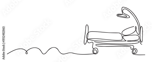Continuous line drawing of a hospital bed with an implied patient and a bedside lamp, symbolizing healthcare, recovery, and medical support for health related promotions or wellness