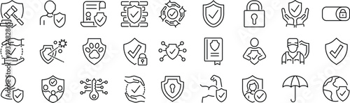 Set of outline icons related to protection. Linear icon collection. Editable stroke. Vector