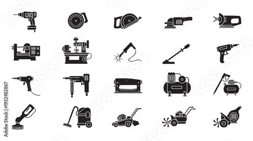 Comprehensive collection of various power tools, workshop machinery, and gardening equipment icons, ideal for construction, repair, and home improvement related projects