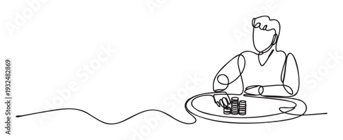 A minimalist single line drawing of a person stacking coins on a table, symbolizing financial growth, investment, or saving for various business and economic presentations.