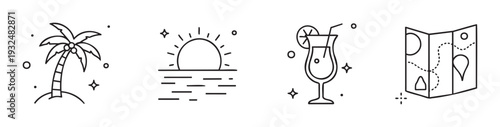Travel and summer vacation icons with a tropical palm tree, ocean sunset, refreshing cocktail, and folded map for tourism promotional materials and holiday planning apps.