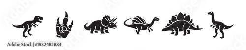 Dynamic silhouette icons of diverse prehistoric dinosaurs including TRex Stegosaurus Triceratops and a powerful footprint symbol ideal for educational resources and childrens projects