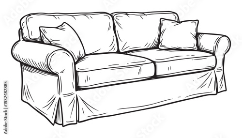 Hand drawn sketch of a comfortable two seater living room sofa with soft pillows and a loose slipcover, perfect for interior decor inspiration and furniture catalog layouts