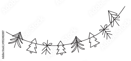A charming line art winter holiday garland featuring various dangling Christmas trees and pine branches adorned with bows, ideal for seasonal event invitations, party decorations, or