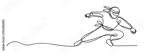 Continuous line drawing of a dynamic ninja character in an action pose, ideal for martial arts event promotions, sports club branding, or modern combat training graphics.