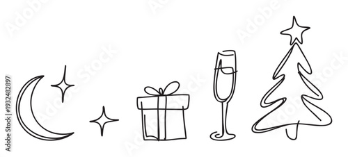 Continuous outline drawing featuring festive symbols like a sparkling Christmas tree, wrapped present, champagne toast, and celestial moon for seasonal greeting designs