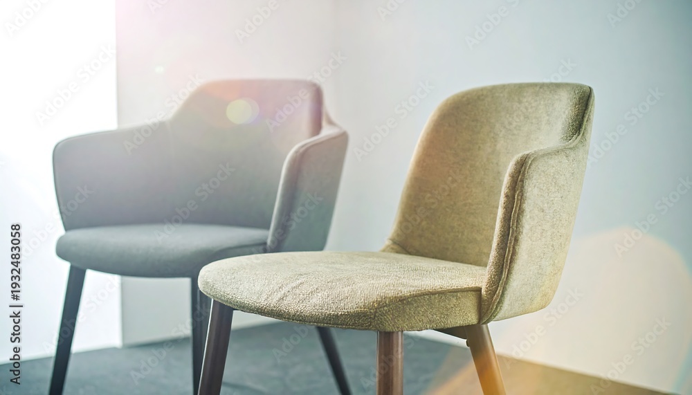Obraz premium Modern chairs in room: Two modern chairs with different design, one with armrest, stand in a bright, minimalist room, inviting the viewer to consider the interplay of form and function. 