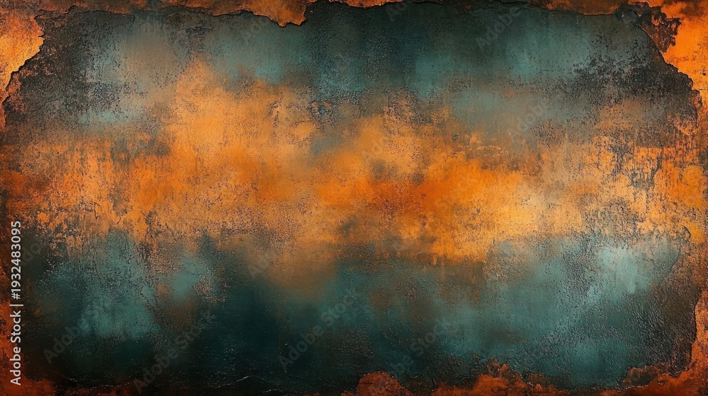 Naklejka premium weathered rust and teal patina textured metal background with distressed edges, moody atmospheric decay and warm-cool contrast
