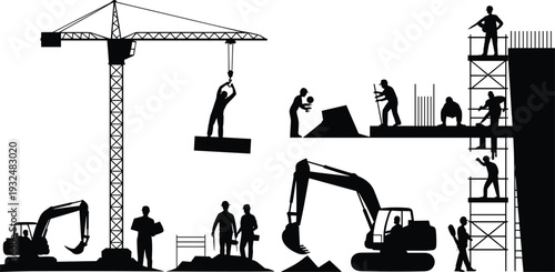 Construction workers and heavy machinery silhouette at building site isolated on white background, industrial development engineering concept illustration design