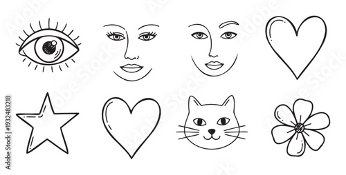 Hand drawn minimalist graphic collection with stylized female faces, expressive eye, heart shapes, star, cute cat, and delicate flower ideal for social media, planner decoration, and