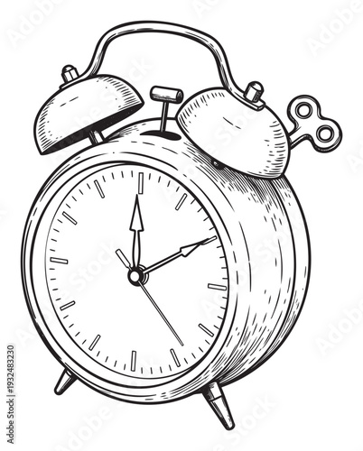 Traditional mechanical alarm clock featuring iconic twin bells and a winding key, perfect for symbolizing punctuality, early mornings, and crucial deadlines in various projects