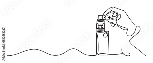 Continuous single line drawing of a human hand holding a sleek electronic cigarette, ideal for contemporary marketing materials, health campaigns, or educational resources exploring modern