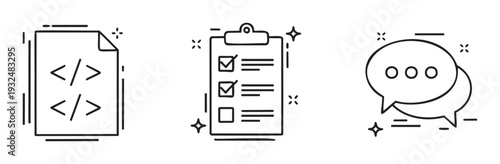 Collection of essential line icons representing programming code, task management, and communication messages, versatile for software development, project planning, and digital interaction