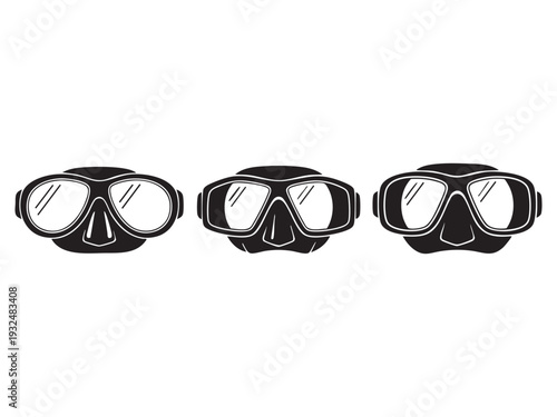 Diving mask silhouettes showing various goggles shapes for snorkeling and underwater sports