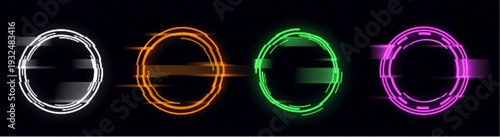 Glitch effect circle frame with neon digital distortion. Cyber punk purple, green graphic design with broken pixel rings and futuristic light elements on dark transparent background
