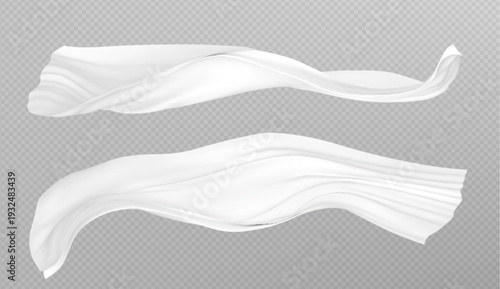 White silk fabric flowing in the air, realistic vector isolated on transparent background. Smooth cloth, textile with soft curves, flying wind movement or falling effect. Satin drape for luxury design