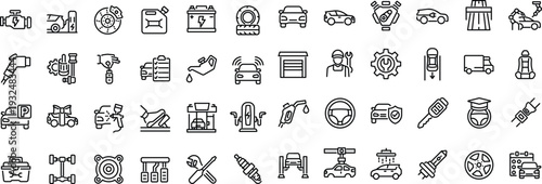 Set of outline icons related to car, auto, automobile. Linear icon collection. Editable stroke. Vector