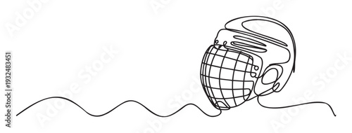 Continuous line drawing capturing a robust hockey helmet with a protective face cage, ideal for sports event promotions, athletic equipment showcases, and competitive game presentations.