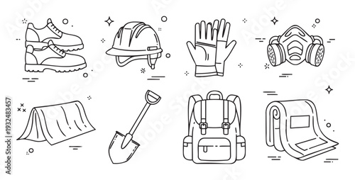 Collection of essential safety and outdoor equipment line icons including protective shoes, hardhat, gloves, respirator mask, shovel, and camping gear for various applications