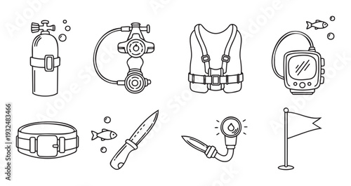 Essential scuba diving equipment outline icons including a regulator, air tank, BCD, dive computer, and flag, suitable for aquatic sports instruction, marine exploration content, or tourism